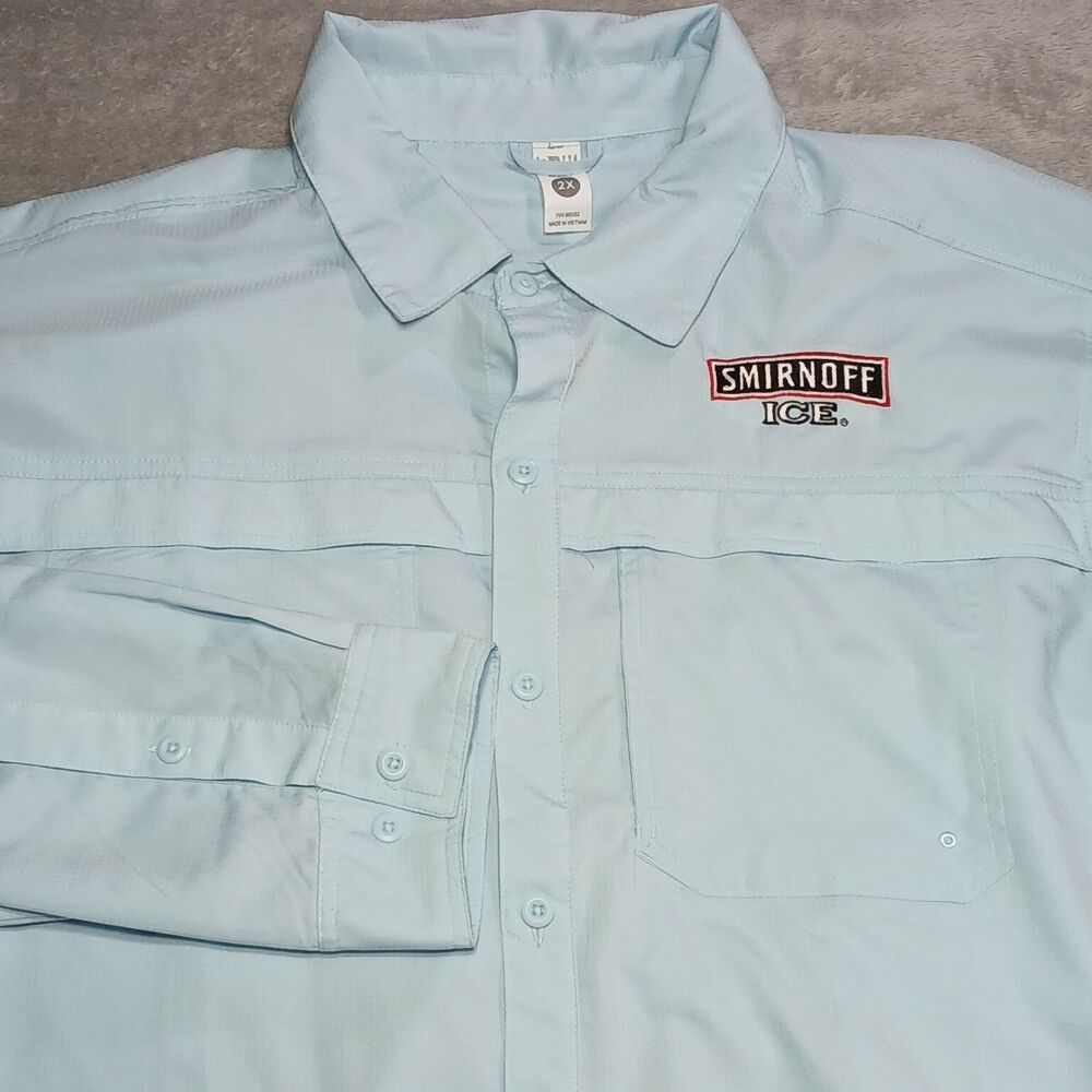 BAW 2XL Fishing Shirt Smirnoff Ice Promo Light Blue Indie-Sleaze Vented Grid XXL